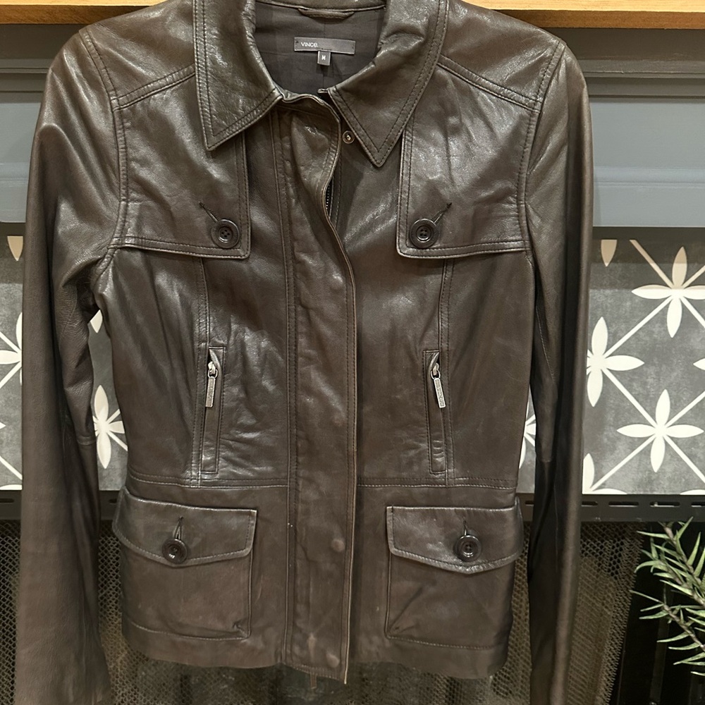 Vince Dark Grey Leather Cargo Jacket